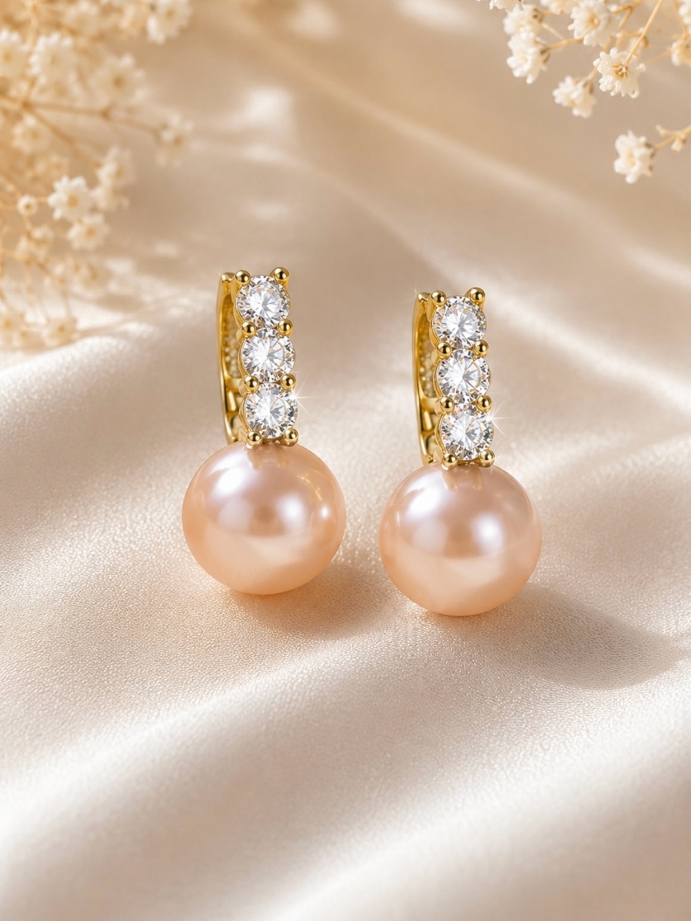 18k Gold Pink Pearl Sim Diamond Drop Earrings Statement Huggie Bridal Luxury